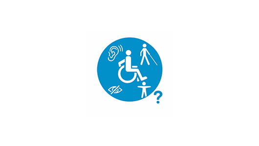 Ein Kreis mit dem Symbol eines Rollstuhlfahrers, Blinden, Tauben Person drinnen. Unten rechts ein blaues Fragezeichen 